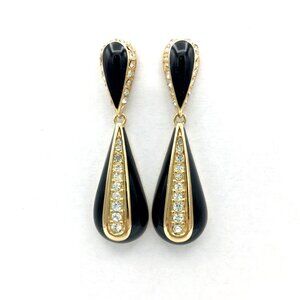 CHRISTIAN DIOR rhinestone teardrop dangle earrings - gold-tone black enamel 2"